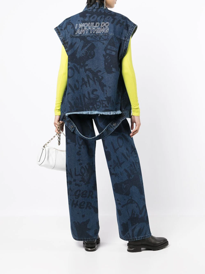 Ports V Slogan-print Denim Gilet In Blue