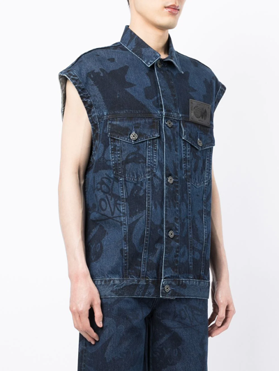 Ports V Slogan-print Denim Gilet In Blue
