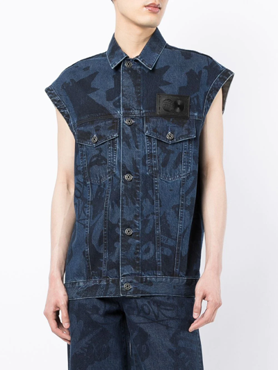 Ports V Slogan-print Denim Gilet In Blue