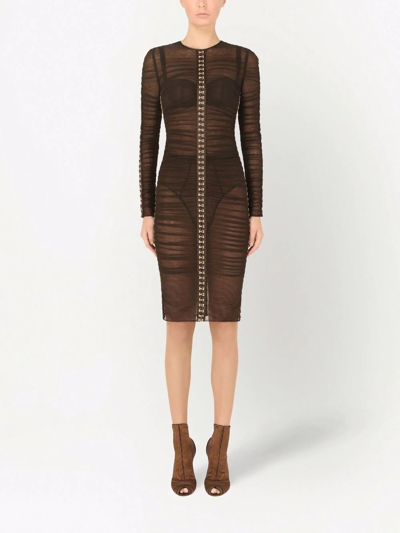 Dolce & Gabbana Ruched Tulle Dress In Brown