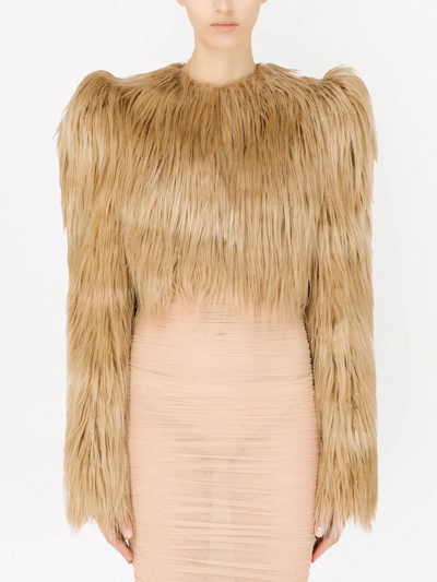 Shop Dolce & Gabbana Cropped Faux-fur Jacket In Neutrals