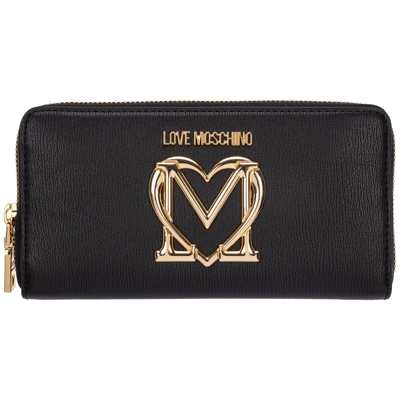 Shop Love Moschino Logo Plaque Zip Around Wallet In Black