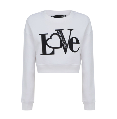 Shop Love Moschino Logo Printed Crewneck Cropped Sweatshirt In White