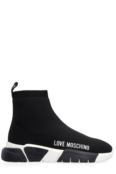 Shop Love Moschino Logo Printed Knitted Sock Sneakers In Black