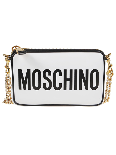 Shop Moschino Logo Printed Chain Shoulder Bag In White