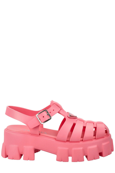 Shop Prada Foam Logo Patch Round Toe Sandals In Pink