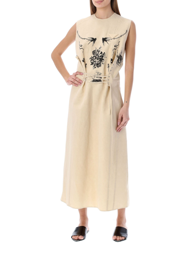 Shop Prada Graphic Printed Crewneck Midi Dress In Beige