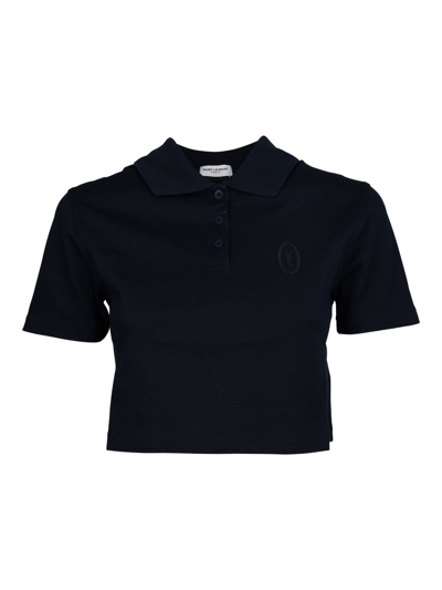 Shop Saint Laurent Monogram Cropped Polo Shirt In Blue