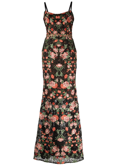 Shop Marchesa Notte Embroidered Floral Evening Gown In Black