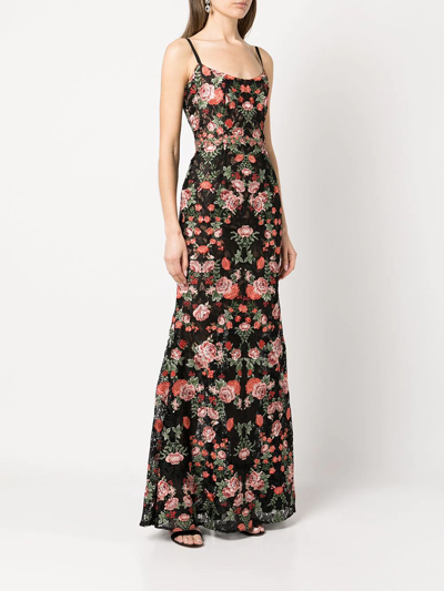 Shop Marchesa Notte Embroidered Floral Evening Gown In Black