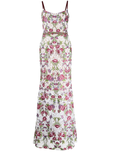 Shop Marchesa Notte Embroidered Floral Evening Gown In White