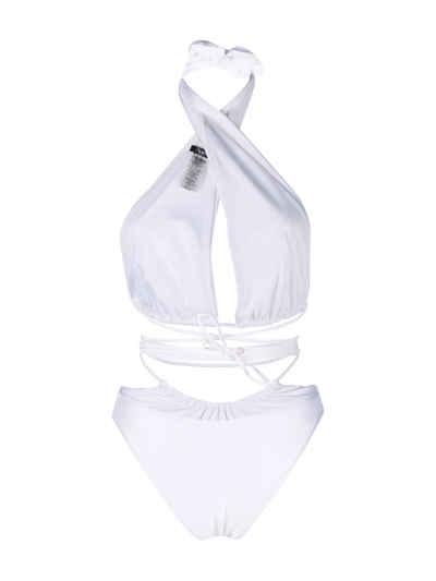 Noire Swimwear Lattice-strap Lurex Swimsuit In White