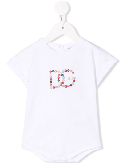 Shop Dolce & Gabbana Embellished-logo Short-sleeve Bodysuit In White