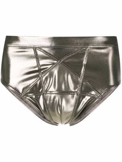 Shop Rick Owens High-shine Swimming Trunks In Gold