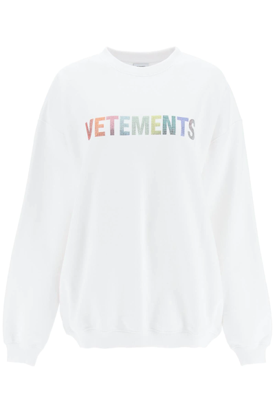 Shop Vetements Multicolour Crystal Logo Sweatshirt In White