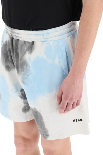 Msgm Tie Dye Pattern Bermuda In White,light Blue,grey