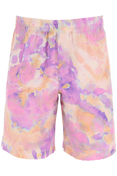Shop Msgm Tie-dye Shorts With Camo Shells Motif In Pink,orange