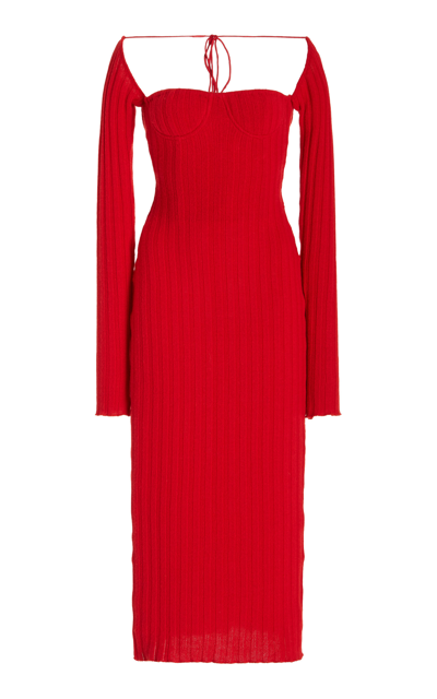 Shop Laquan Smith Off-the-shoulder Midi Dress In Red