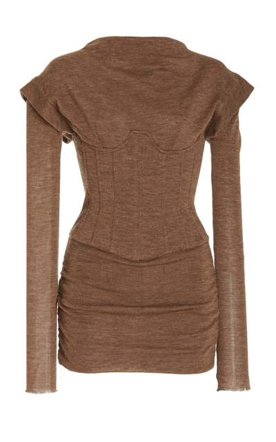 Shop Laquan Smith Women's Boning-detailed Wool Mini Dress In Brown