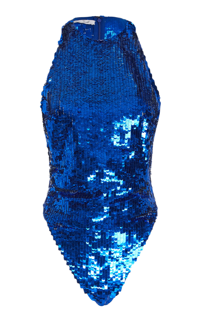 Shop Laquan Smith Women's Halter Paillette Bodysuit In Blue