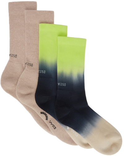 Shop Socksss Two-pack Beige & Green Cotton Socks In Camel Horse/lime Pun