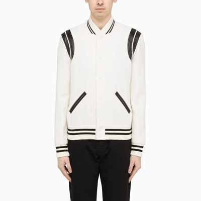 Shop Saint Laurent White/black Wool Blend Varsity Jacket