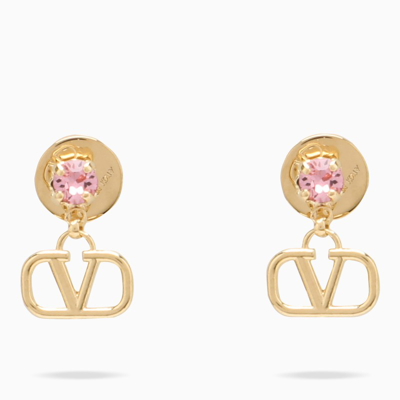 Shop Valentino Vlogo Earrings With Pink Crystals In Yellow