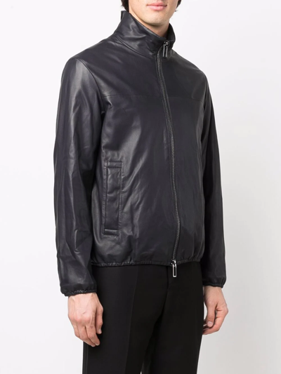 Emporio Armani Leather Jacket With Stand-up Collar In Black