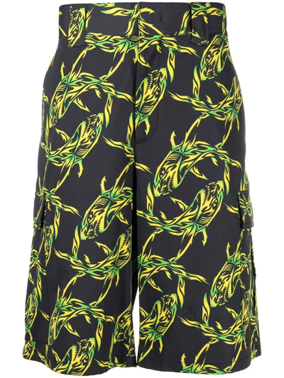 Shop Msgm Shark-print Cargo Shorts In Schwarz