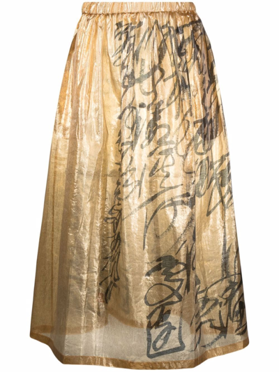 Shop Junya Watanabe Scribble-print A-line Skirt In Gold