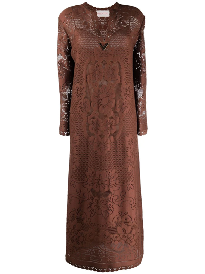 Shop Valentino Embroidered-lace Overlay Long-sleeved Midi Dress In Braun