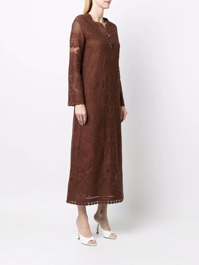 Shop Valentino Embroidered-lace Overlay Long-sleeved Midi Dress In Braun