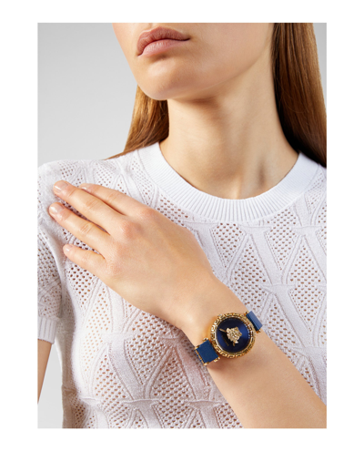 Shop Versace Palazzo Empire Greca Leather Watch In Blue