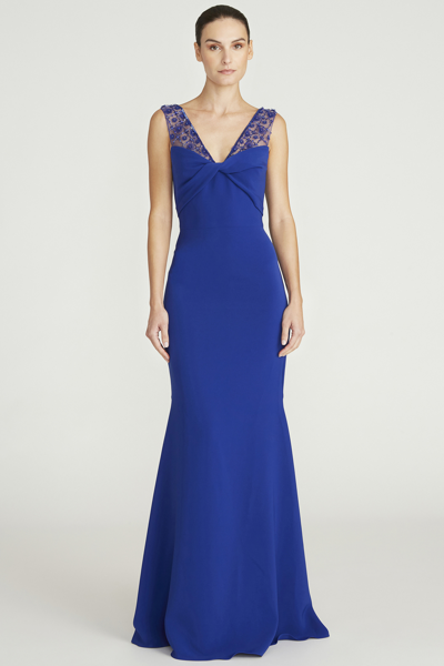 Theia Alva V neck Embellished Crepe Gown In Blue ModeSens