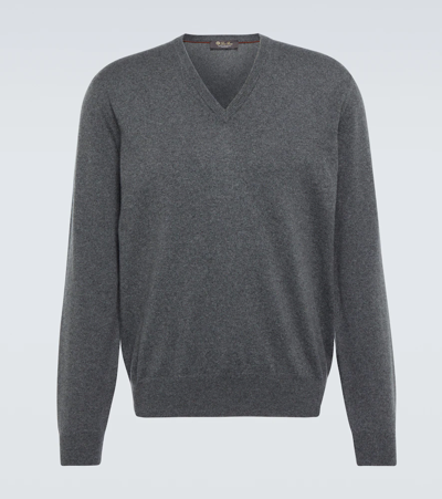 Shop Loro Piana Scollo V-neck Cashmere Sweater In Grey Melange