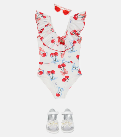 Shop Monnalisa Printed Swimsuit In Bianco+rosso