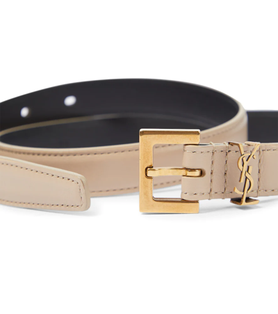 Shop Saint Laurent Cassandre Slim Leather Belt In Beige