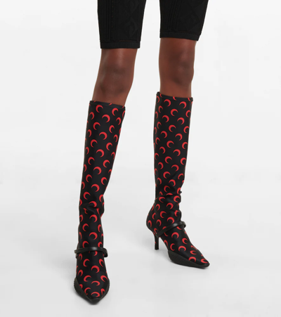 Shop Marine Serre Moon Patterned Knee-high Sock Boots In All Over Moon Red