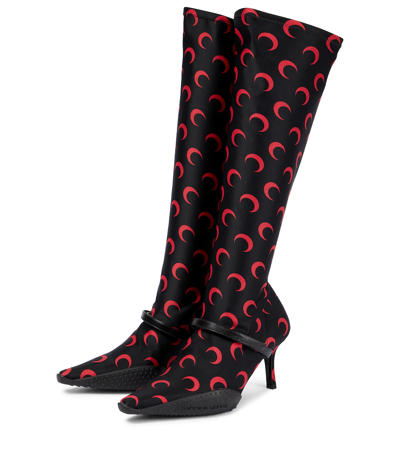 Shop Marine Serre Moon Patterned Knee-high Sock Boots In All Over Moon Red