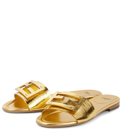 Shop Fendi Baguette Metallic Leather Sandals In Oro+oro