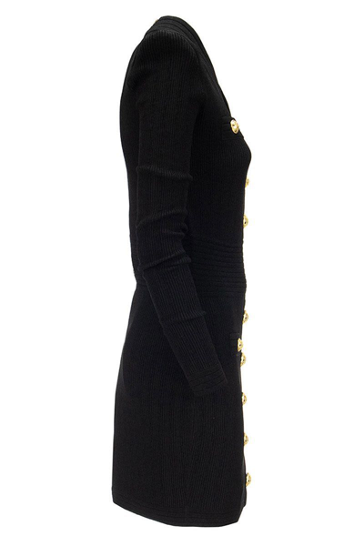 Shop Balmain Short Knitted Dress With Gold Buttons In Black