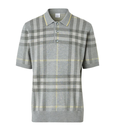 Shop Burberry Wool-silk Check Polo Shirt In Grey