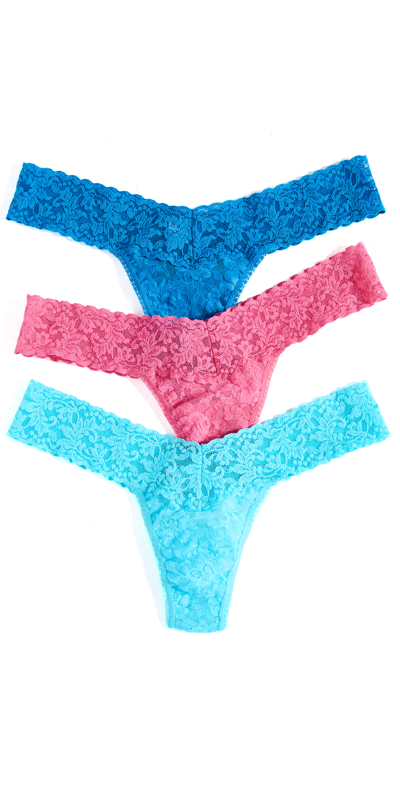 Shop Hanky Panky Signature Lace Low Rise Thong 3 Pack In Pink/beau Blue/cerulean Blue