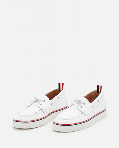 Shop Thom Browne Leather Boat Shoes In White
