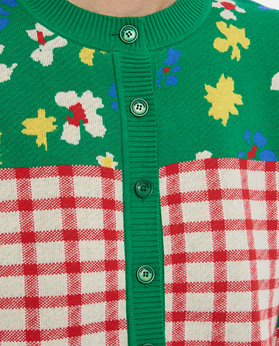 Shop Molly Goddard Gingham Floral Jacquard Cotton Stretch Cardigan In Green