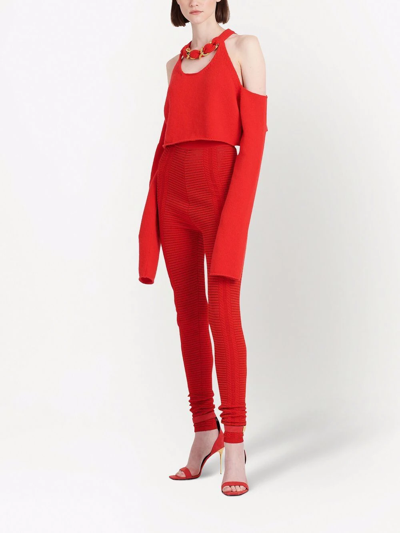 Shop Balmain High-waisted Sheer Knitted Leggings In Rot