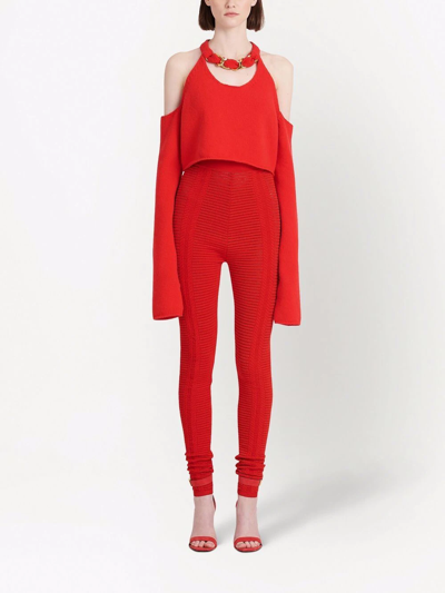 Shop Balmain High-waisted Sheer Knitted Leggings In Rot