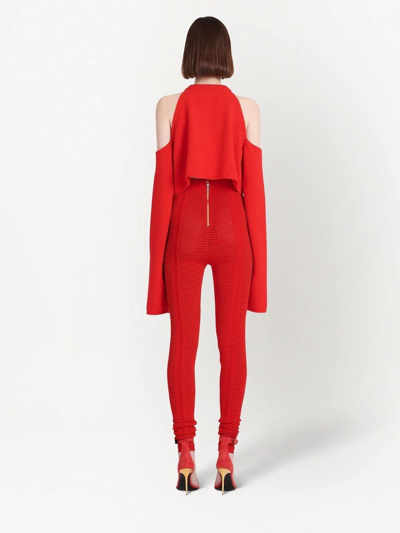 Shop Balmain High-waisted Sheer Knitted Leggings In Rot