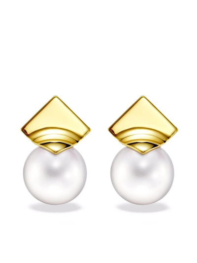 Shop Tasaki 18kt Yellow Gold M/g  Square Leaf Freshwater Pearls Stud Earrings
