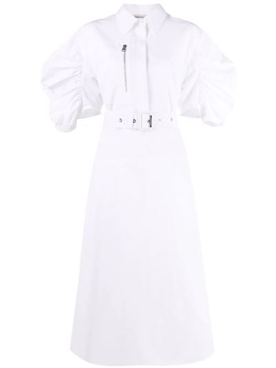 Alexander Mcqueen Puff-sleeve Belted Cotton Shirt Dress In Weiss